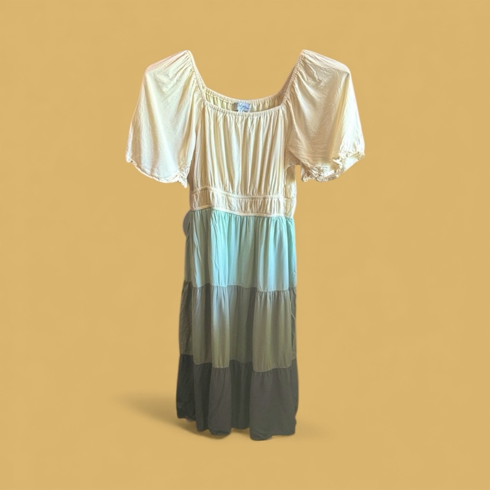Boho Tiered Maxi Dress in Cream and Blue